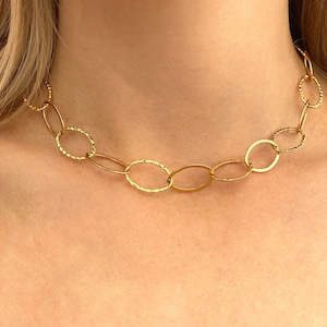 Large oval link necklace, Hammered oval link choker, Chunky choker, Gold filled, Layering necklace, Minimalist