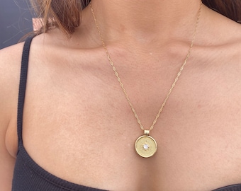 Gold Filled Medallion Necklace: Paper Clip Chain, Cubic Zirconia Pendant