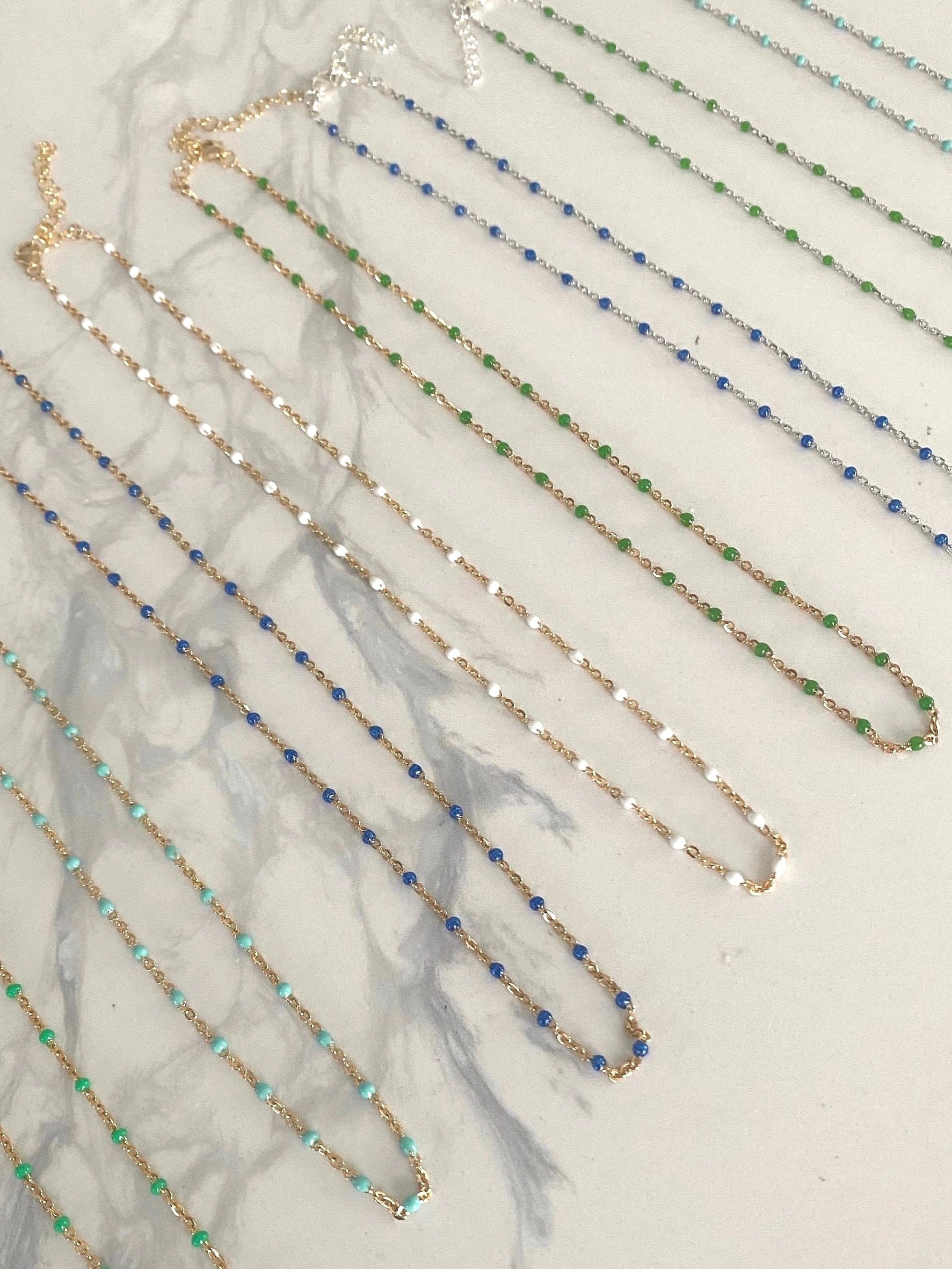 Dainty Satellite chain chocker, Enamel bead satellite chain necklace, Layering necklace, Gold filled or Sterling Silver