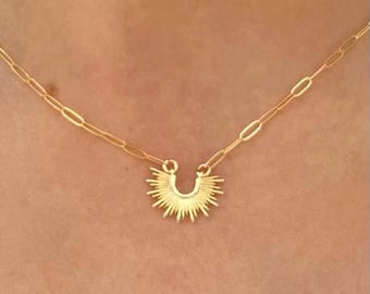 Dainty Crescent Sun Necklace: Gold Filled Paper Clip Chain, Adjustable Layering Necklace