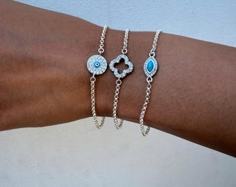 Sterling Silver Rolo Chain Bracelet: Evil Eye, Clover, Turquoise Connectors