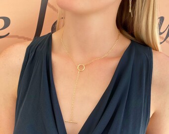 Paper clip link lariat, Layering necklace, Gold filled, Sterling silver, Minimalist