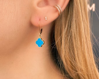 Turquoise Clover Drop Earrings: 14k Gold Filled Lever Backs
