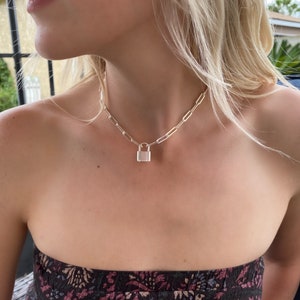 Sterling silver padlock necklace, Gold filled padlock necklace, Elongated oval link chain, Paper clip chain, Padlock chocker, Minimalist