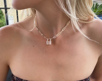 Sterling silver padlock necklace, Paper clip chain, Padlock chocker, Minimalist