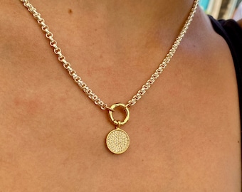 Sterling Silver Rolo Chain Necklace: Gold Filled Charm Holder, Cubic Zirconia
