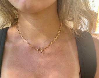 Paperclip chain necklace with toggle, 14k gold filled or 925 silver