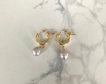 Baroque Pearl Drop Earrings: Gold Filled or Sterling Silver Hoops