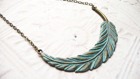 Necklace Large Turqoise Patina Feather necklace No. N9 | Etsy