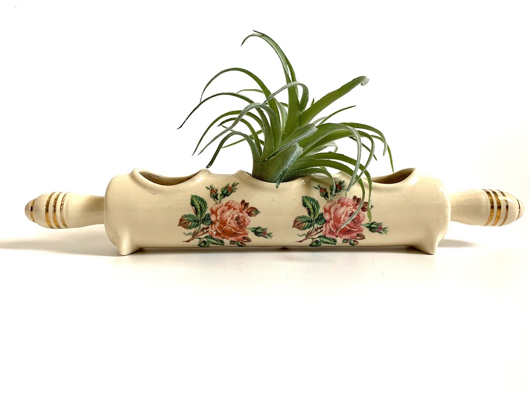 Porcelain Rolling Pin Planter With Rose Details Etsy
