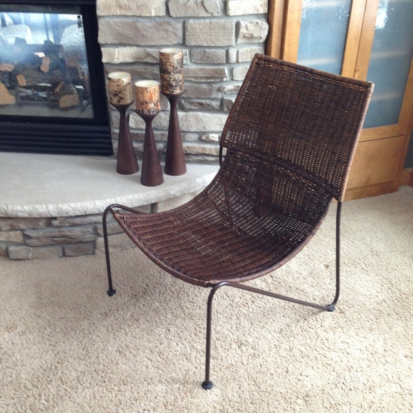 Wicker & Wrought Iron Sling Scoop Chair Frederic Weinberg style, Mid Century Modern,Vintage,,Retro,Patio,Sunroom,Slipper Chair,Rattan