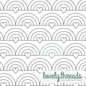 May include: Black and white digital download of a quilting pattern featuring a repeating pattern of hearts and rainbow arches. The pattern is titled "Lovely Threads Machine Quilting".
