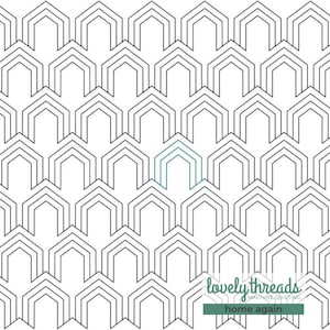May include: A black and white geometric pattern of repeating hexagons with a single teal hexagon in the center. The pattern is labeled "lovelythreads machine quilting home again".