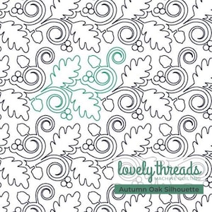 Può includere: Design per quilting a macchina in bianco e nero con una silhouette di quercia autunnale. Il design include linee a spirale, foglie di quercia e bacche. È presente anche il testo "lovely threads MACHINE QUILTING" e "Autumn Oak Silhouette".