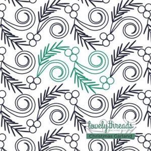 May include: A black and white digital design featuring a repeating pattern of stylized holly sprigs with berries and swirls. The text "lovelythreads MACHINE QUILTING Christmas Garland" is at the bottom of the design.