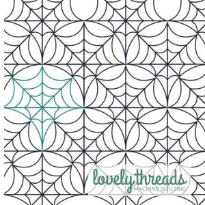 May include: A black and white digital design featuring a repeating pattern of spiderwebs. The design is titled "lovelythreads machine quilting".