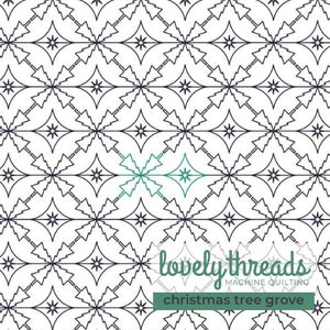 May include: A white background with a repeating pattern of black Christmas trees and stars. A teal-colored Christmas tree and star are in the center. The text "lovely threads MACHINE QUILTING" and "christmas tree grove" are in the lower right corner.