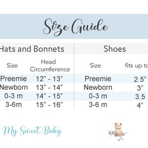 Puede incluir: Una gu&iacute;a de tallas para beb&eacute;s, sombreros, gorros y zapatos. La gu&iacute;a incluye tallas para prematuros, reci&eacute;n nacidos y beb&eacute;s de 0-3 y 3-6 meses. Las medidas de la circunferencia de la cabeza est&aacute;n en pulgadas. El texto "My Sweet Baby" est&aacute; en la parte inferior.