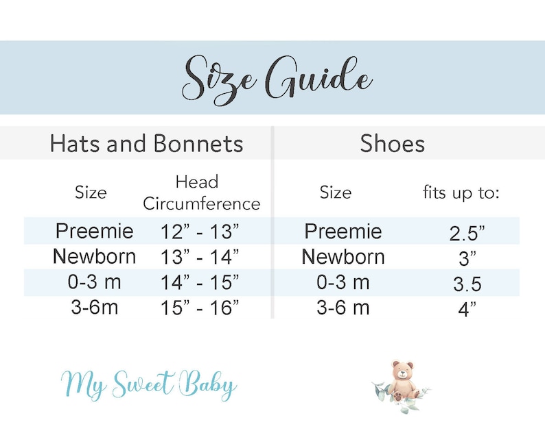 Puede incluir: Una gu&iacute;a de tallas para beb&eacute;s, sombreros, gorros y zapatos. La gu&iacute;a incluye tallas para prematuros, reci&eacute;n nacidos y beb&eacute;s de 0-3 y 3-6 meses. Las medidas de la circunferencia de la cabeza est&aacute;n en pulgadas. El texto "My Sweet Baby" est&aacute; en la parte inferior.
