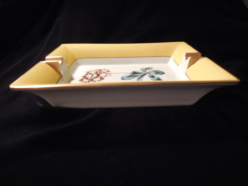 Vintage Limoges Tray with botanical design bright yellow and gold edges surround a beautiful flower in the center Gorgeous Limoges ashtray