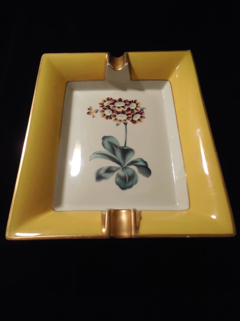 Vintage Limoges Tray with botanical design bright yellow and gold edges surround a beautiful flower in the center Gorgeous Limoges ashtray