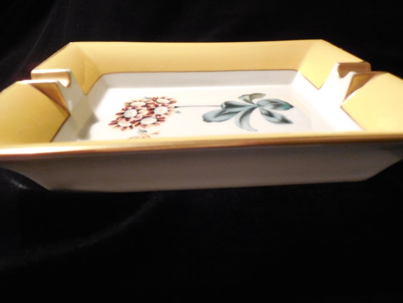 Vintage Limoges Tray with botanical design bright yellow and gold edges surround a beautiful flower in the center Gorgeous Limoges ashtray