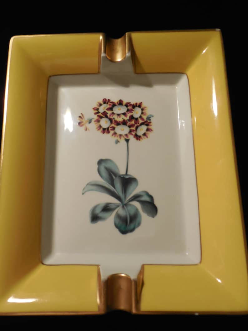 Vintage Limoges Tray with botanical design bright yellow and gold edges surround a beautiful flower in the center Gorgeous Limoges ashtray