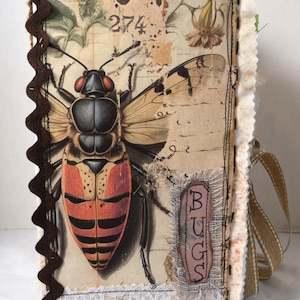 Puede incluir: Un diario hecho a mano con una cubierta de tela marrón, un borde de encaje y una ilustración de insecto vintage. La cubierta presenta un insecto marrón y rojo con cabeza y alas negras. El diario tiene una correa de cinta marrón y la palabra "BUGS" está escrita en una etiqueta marrón.