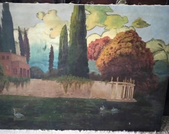 ANTIQUE OIL PAINTING Italianate Villa with swans on the lake