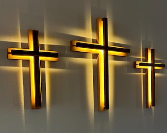 Wooden LED Lighted Cross Wall Decor | Black Walnut Cherry Hardwood, Dimmable Backlighting | Wall Crucifix