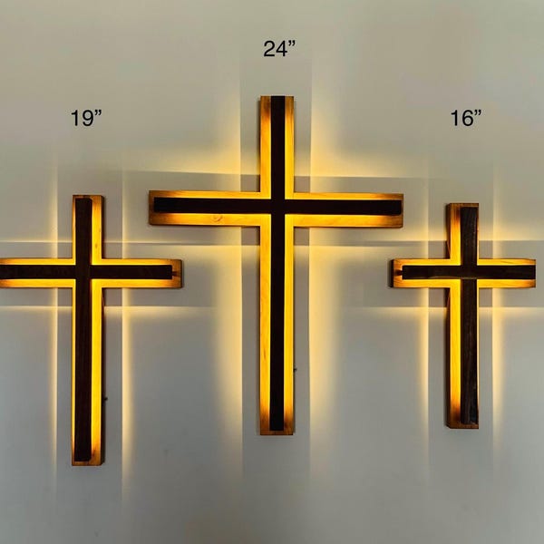 Wooden LED Lighted Cross Wall Decor | Black Walnut Cherry Hardwood, Dimmable Backlighting | Wall Crucifix
