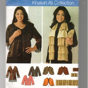 May include: Simplicity sewing pattern 4349 from the Khaliah Ali Collection for sizes AA XXS, XS, S, M. The envelope features illustrations of jackets, skirts, and scarves, including a brown velvet jacket with fringe and a layered gold scarf.