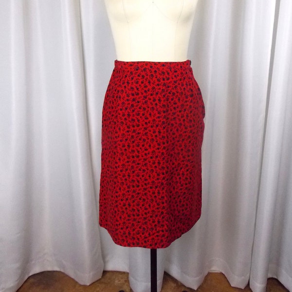 Red Corduroy Pencil Skirt with Floral Print 1960's 1970's Preppy Style Size 4 Small