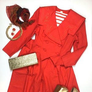 Bright Red Two Piece Pantsuit Gauchos and Crop Jacket 1980&#39;s 1990&#39;s