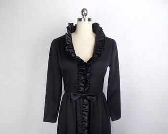 1970's 1980's Black Ruffle Trimmed Formal Dress Maxi Full Length