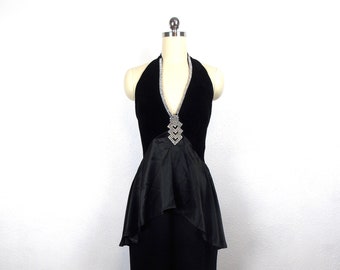 Halter Style Formal Dress in Black Satin Velvet and Rhinestones