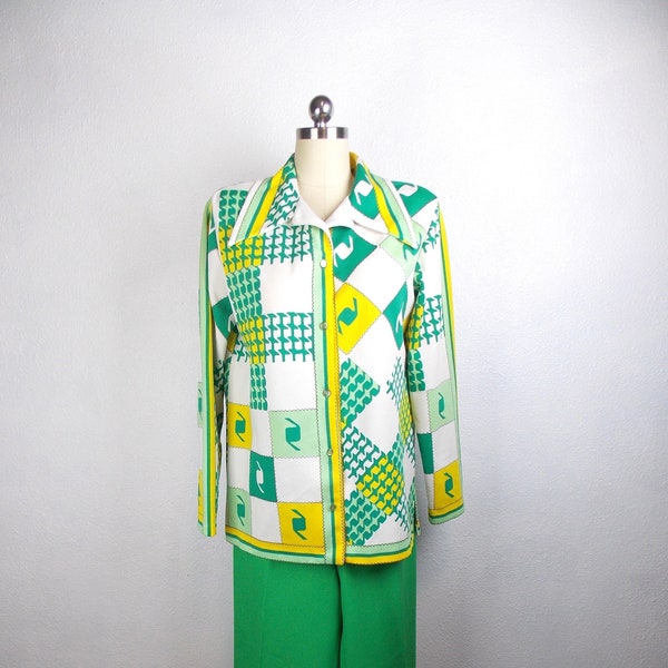 1970's Women's Pantsuit Polyester Knit Green and Yellow Print