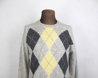 Pull vintage en laine à motifs de losanges gris et jaune pour hommes