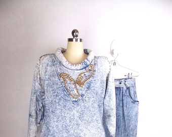 1990's Acid Wash Denim Bedazzled Two Piece Pant Suit REVA