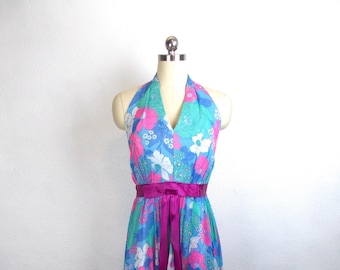 1970's Halter Neckline Formal Gown Floral Print