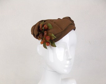 1940's Draped Fabric Hat Brown Open Size