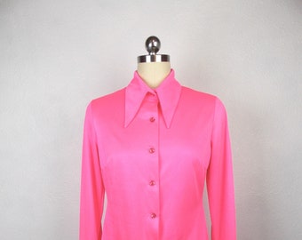 1970's Bright Pink Blouse Polyester Jersey Knit Jantzen Label