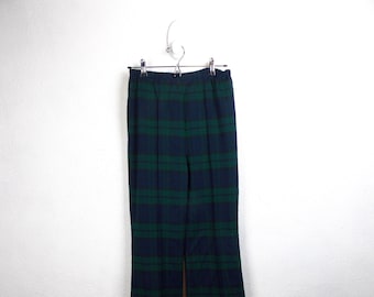 Pantalones de campana de punto de poliéster a cuadros de los años 70 en azul y verde