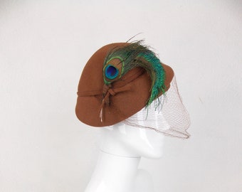 1940's 1950's Brown Felt Hat with Veil and Feathers