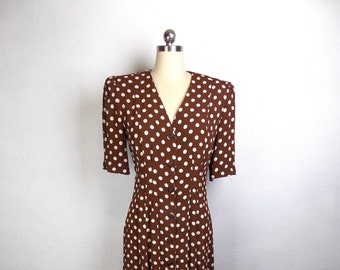 1990's Compagnie Internationale Express Dress Brown and White Polka Dot Pretty Woman Dress