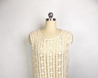 Vintage Hand Knitted Crocheted Vest Cotton One Size