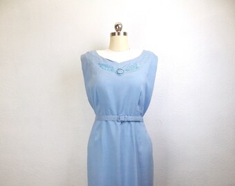 1950's Cornflower Blue Linen Sleeveless Dress Size Estimate size L to XL