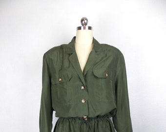 1990's FORENZA Silk Suit Jacket and Shorts Khaki Green