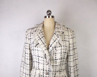 1990er Jahre Giancarlo Ferrari Blazer Schwarz und Weiß Woven Fibre Größe 6 bis 20