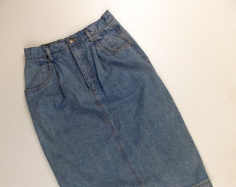 May include: A light blue denim skirt with a straight cut and a button closure. The skirt has a waistband with belt loops and two front pockets.